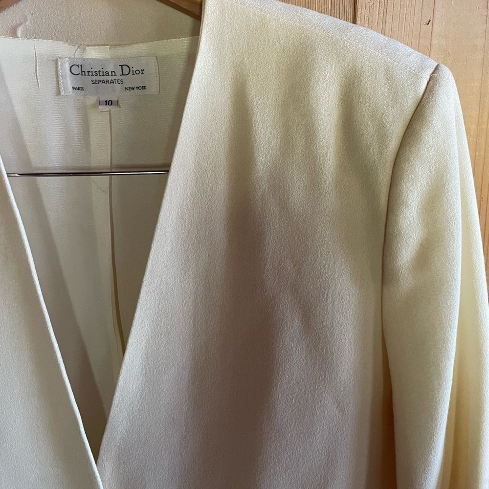 Christian Dior Vintage Minimalist Collarless Coat Suit Jacket Cream Wool - Picture 2 of 6